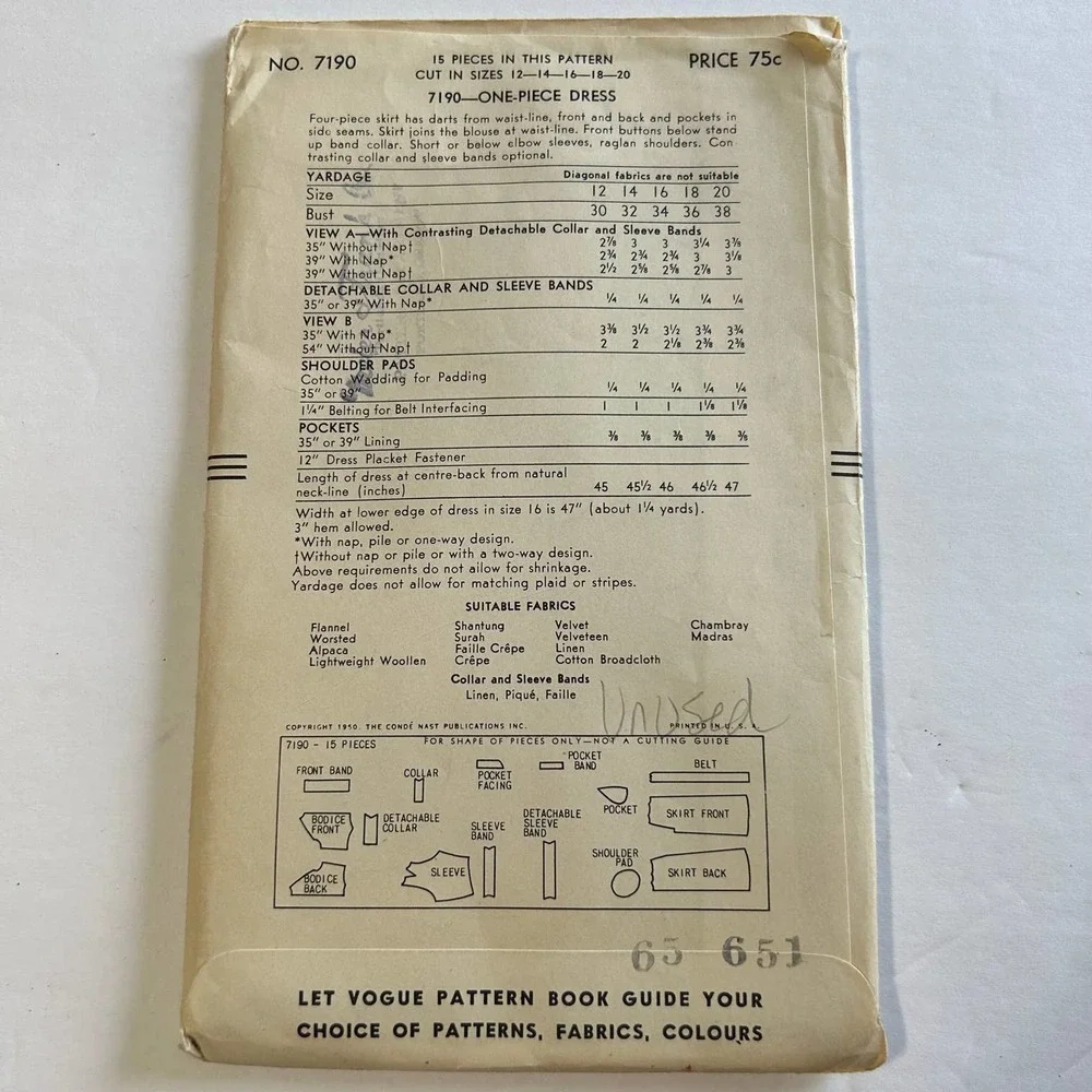 Vogue Vintage 1950's Unprinted Pattern  #7190 Dress Size‎ 14 Bust 32 Hips 35